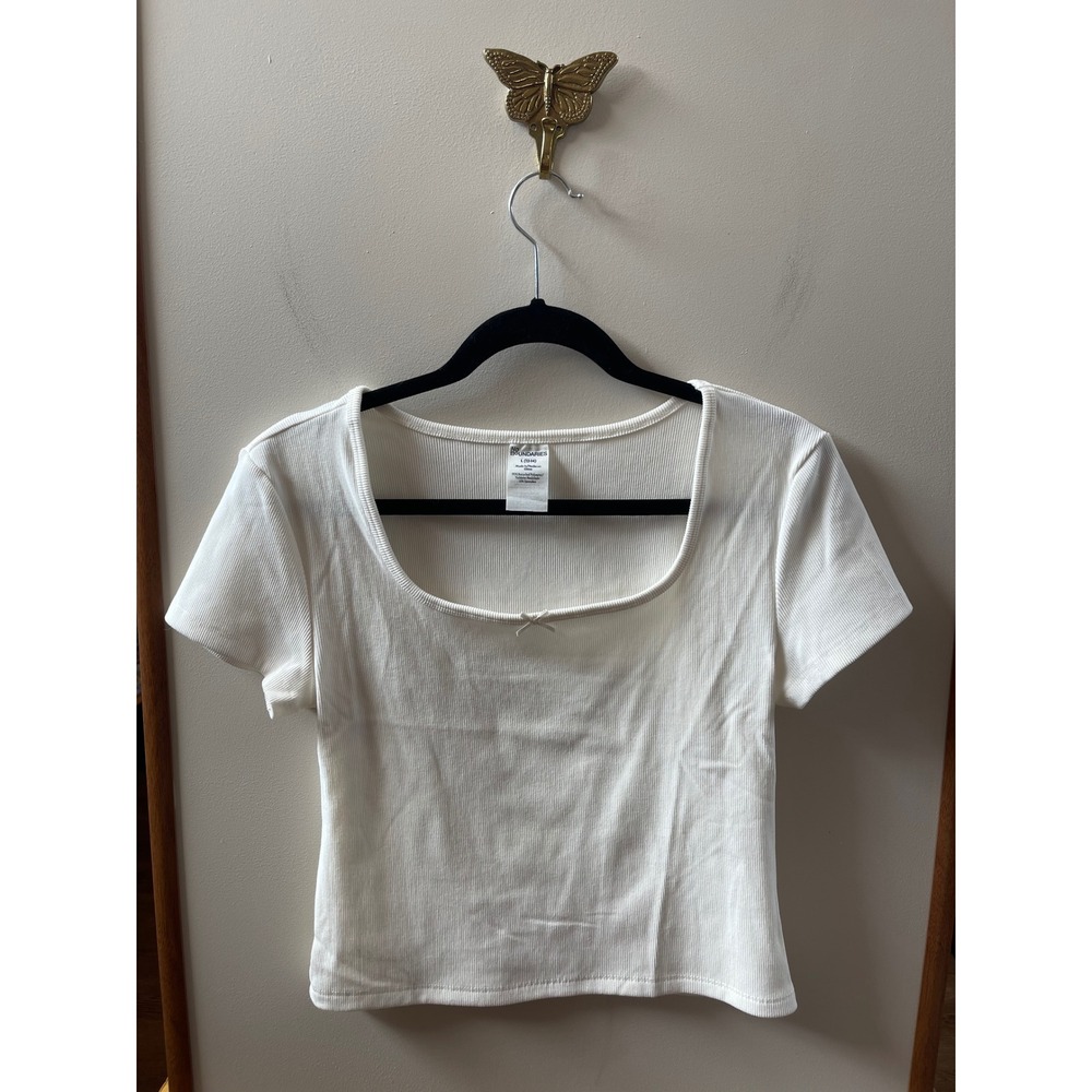 No Boundaries Ribbed Top Womens L White Square Neck Bow Detail